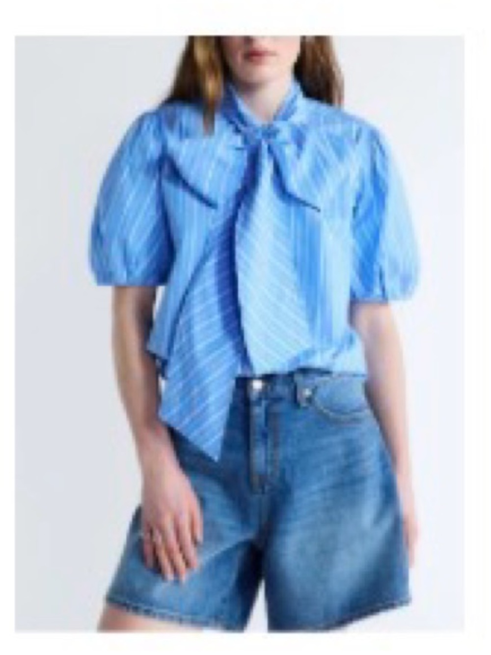 NWT Light Blue Striped Bow Tie Puff Sleeve Blouse Cotton M Modern Deadstock